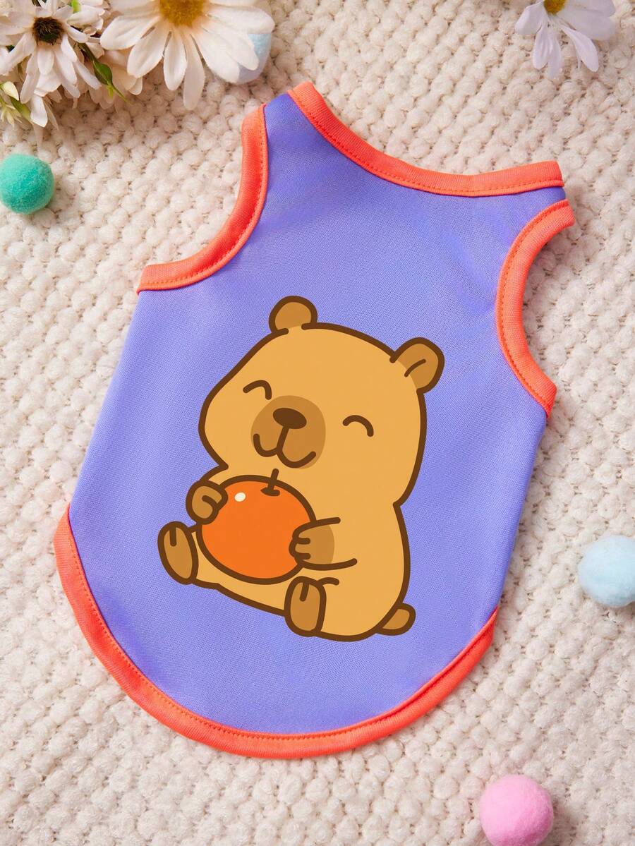 PETSIN 1 Piece Cute Capybara Orange Printed Pet Vest With Purple And Orange Edging, Soft, Comfortable, Breathable, And Anti Shedding Pet Clothing - Multicolor - View 1