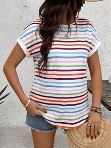 SHEIN Maternity Round Neck Short Sleeve Colorful Striped T-Shirt - Multicolor - View 6
