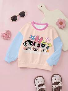 THE POWERPUFF GIRLS X SHEIN Baby Girl Casual Cute Cartoon & Letter Print Color Block Loose Fit Pullover Sweatshirt, Spring/Autumn Fall Winter - White - View 1