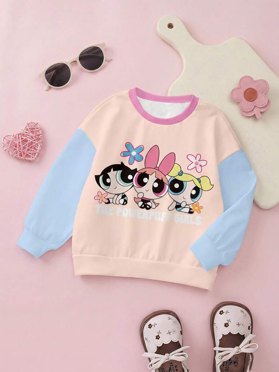 THE POWERPUFF GIRLS X SHEIN Baby Girl Casual Cute Cartoon & Letter Print Color Block Loose Fit Pullover Sweatshirt, Spring/Autumn Fall Winter - White - View 1