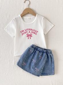 SHEIN Playful Pals 返校季女童休閒可愛圓領標準肩寬彩色波點彩虹印花T恤與素色牛仔裙褲套裝，夏季 - 白色 - 查看 4