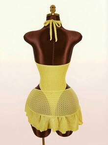 Amplova Ensemble de maillot de bain pour femmes, maillot de bain une pièce dos nu à col licou avec décoration en coquillage métallique et jupe de plage - Jaune clair - Voir 2