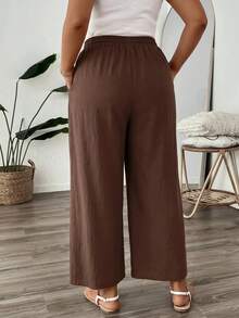 SHEIN PETITE CURVE CURVE 大尺碼女款棕色寬腿褲，高腰綁帶腰身休閒寬鬆長褲，適合秋季，休閒正式度假風 - 棕色 - 查看 7