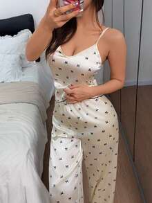 Dream Adore Bowknot Print Faux Silk Camisole & Long Pants Women's Pajama Set - Apricot - View 3