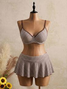 Swim Mod Conjunto de traje de baño de 2 piezas para mujer, nuevo verano 2026, estilo dulce y lindo, estampado a cuadros, con aros, camisola, color beige, talla grande, para vacaciones en la playa - Café integral - Ver 4