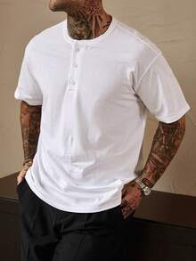 DAZY Men's Short Sleeve Round Neck Partial Button-Up T-Shirt, Summer - White - View 7
