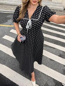 Easura Plus Size Women's Summer Elegant Casual Design Black And White Lace Patchwork Lapel Short Sleeve Bow Tie Waist Cinched Long Dress Tea Party Evening - Black - View 4