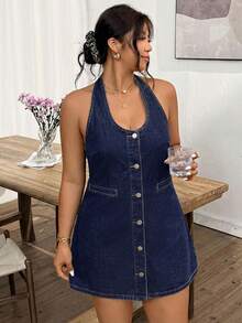 Lounesse Plus Size Women's Solid Color Halter Neck Fashion Casual Denim Dress Dresses For Women Summer - Dark Wash - View 4