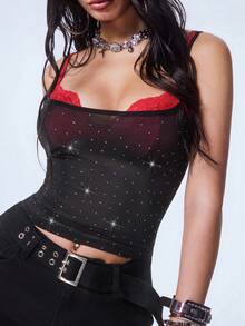 Y2Kool Red And Black Colorblock Lace Patchwork Mesh Rhinestone Sheer Sexy Y2K Punk Casual Street Style Women's Tank Top Summer Parties Going Out Club Holiday - Red and Black - View 4