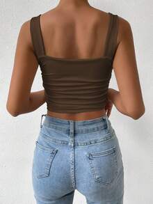 Allurite Enfärgad plisserad lös ärmlös topp, sommarbrun Crop Top - Kaffebrun - Visa 2