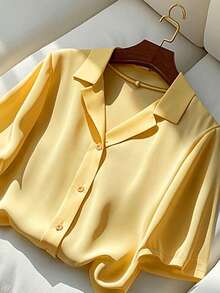 Franclia Blus Wanita Kasual Lengan Pendek Berkerah Warna Polos Serbaguna, Musim Panas - Kuning - View 6