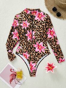 Swim SPRTY Traje de baño de una pieza con estampado de leopardo y flores, traje de surf - Multicolor - Ver 6