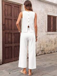 EMERY ROSE Women's Solid Color Round Neck Top And Long Pants Casual Daily 2 Pieces Set Vacation White Summer - White - View 2