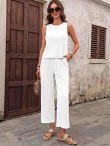 EMERY ROSE Women's Solid Color Round Neck Top And Long Pants Casual Daily 2 Pieces Set Vacation White Summer - White - View 4