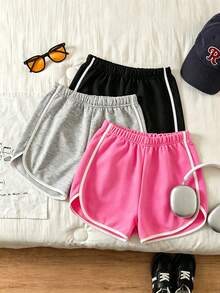 Conjunto de Shorts de Varias Piezas Multicolor con Bloques de Color Estilo Preppy Minimalista Casual de Calle para Niñas Adolescentes - Multicolor - Ver 4