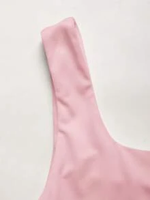 SHEIN 青少年女孩粉色針織高彈力方領抓皺腰身修身百搭百搭背心上衣 - 粉色 - 查看 4