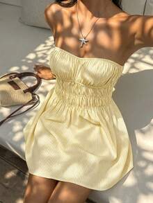 Sunnyshic Vestido mini de algodón con rayas azules, escote bandeau, espalda descubierta, cintura fruncida y corte A para mujer, primavera/verano, paseo por la playa en vacaciones, elegante, lindo, romántico, minimalista para ir al trabajo, compras, citas y uso diario versátil - Amarillo - Ver 3