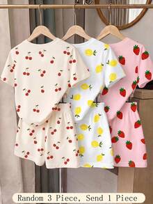 1 Set Young Girls Random Surprise Blind Box Sweet Fresh Style Printed Fruit Letter Pattern T-Shirt And Shorts Set, Daily Out, Casual Wear, Summer Clothes 2 Pieces - Multicolor - View 4