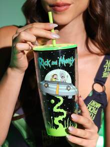 Rick and Morty X SHEIN Vaso de fondo plano Laser Cool de 24 oz / 700 ml, con destellos en forma de corazón - Negro - Ver 2