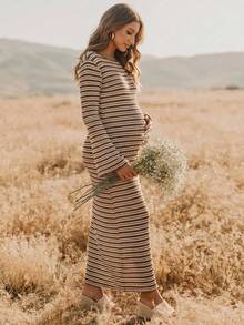 Boho Mama Maternity Striped Round Neck Flared Sleeve Casual Dress Fall - Multicolor - View 3