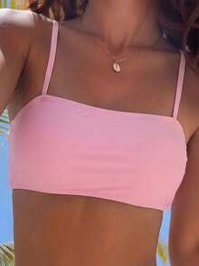 Swim Mod 女款春夏度假休閒性感純色粉色抹胸上衣與性感高腰隨機印花比基尼泳褲2件組 - 彩色 - 查看 4