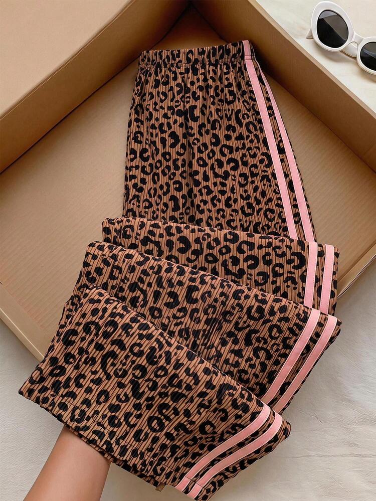Pantalones deportivos largos casuales de estilo callejero negro para niñas con parche de estampado de leopardo simple - Marrón - Añade 1