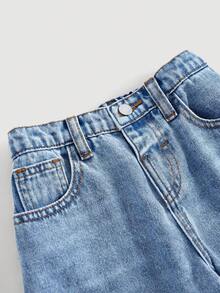 SHEIN 女童 Y2K 破洞復古街頭風休閒軟質寬鬆淺藍色牛仔寬腿牛仔褲，夏季，兒童返校季 - 淺色水洗藍 - 查看 4
