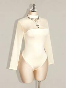 SHEIN ICON Plus Size Mesh Patchwork Y2K Sexy Bodysuit - Apricot - View 5