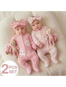 SHEIN Newborn Baby Girl Cartoon Pattern Long Sleeve Loungewear Romper 2pcs Set - Pink - View 8