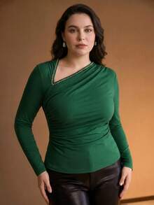 MOTF PREMIUM PLUS SIZE WOMEN RHINESTONE EMBELLISHED ASYMMETRICAL NECK KNIT TEE, AUTUMN/WINTER FALL - Green - View 5