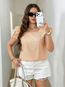SHEIN LUNE Plus Size Women's White Flutter Sleeve Back Bow Decor Blouse Vacation Summer Boho Cute Fairycore Party - Multicolor - View 4