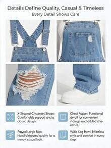 Plus Size Women Distressed Pocket Design Casual Denim Jumpsuit - Blue - View 11