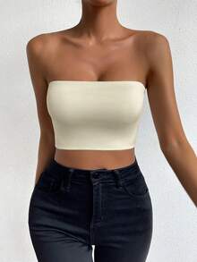 Allurite Women Solid Color Bandeau Backless Sleeveless Top - Beige - View 7