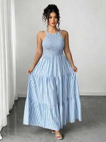 Elenzga Plus Size Women's Halter Neck Blue And White Vertical Striped Waist-Defining Elegant Dress - Baby Blue - View 3