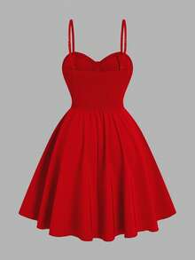 Sweetra Plus Size Women's Solid Color Pleated Elegant Waist-Defining Cami Dress For Date And Party - Red - View 2