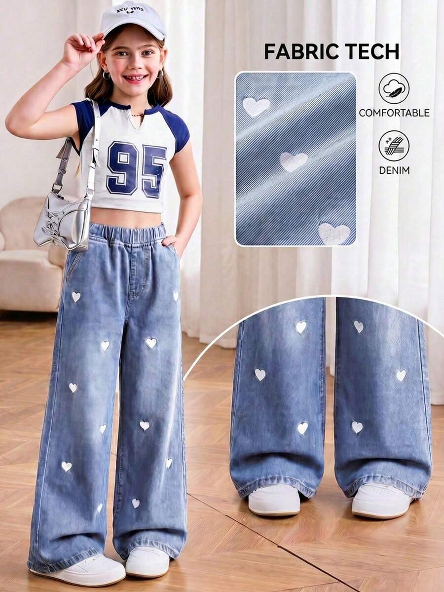 SHEIN 青少年女孩夏季淺色水洗抽繩腰寬腿休閒牛仔褲,日常穿著,夏季彈性腰舒適寬腿褲,女孩夏季海灘波希米亞度假休閒,電音音樂節慶典休閒海灘畢業典禮度假舒適時尚,休閒街頭風,夏季,適合春秋穿著,優雅度假風,春假夏季海灘度假穿著舒適時尚,休閒街頭風,夏季,適合春秋穿著,優雅度假風,春假夏季海灘度假穿著慶典派對婚禮畢業舞會生日休閒度假 - 藍色 - 查看 1
