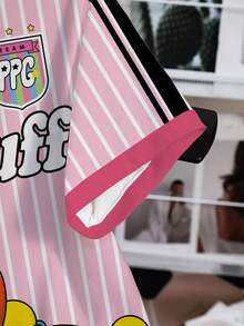 THE POWERPUFF GIRLS X SHEIN 女款夏季休閒條紋卡通字母印花T恤 - 白色 - 查看 4