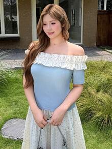 Bijouette 大尺碼圓點拼接露肩休閒百搭日常出遊T恤 - 藍色 - 查看 11