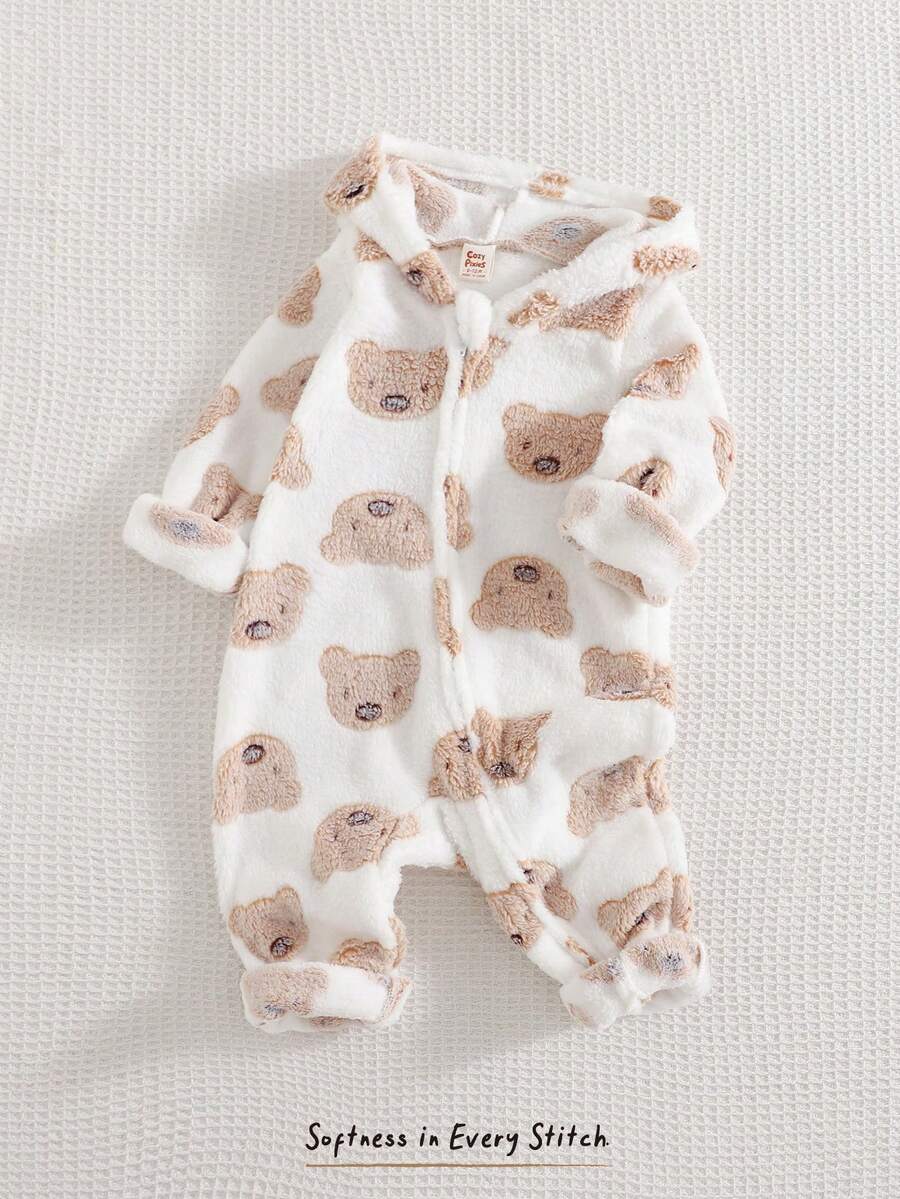 Cozy Pixies 女嬰保暖內裡加厚卡通圖案針織柔軟連帽長袖連身衣 - 白色 - 查看 1