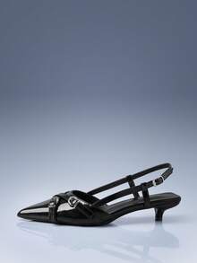 CUCCOO GRLICON Zapatos de mujer de cuero charol con punta, cruz metálica y decoración de doble hebilla, tacón kitten y vacíos, estilo locomotora, para chica cool, adecuados para primavera y verano, uso en vacaciones, imprescindible para viajes, estilo de los 2000 - Negro 1 - Ver 6