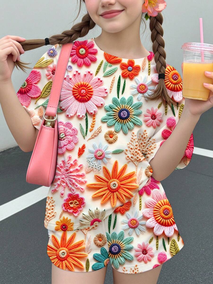 Young Girl Casual Minimalist Cute Textured Floral Print, Short Sleeve Long Pants 2-Piece Set Suitable For Summer, Graphic, Cozy, Girls Outfit Sets, Y2K, Vintage, Vacation - Multicolor - View 1