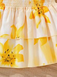 Girls' Vacation Casual Halter Neck Sleeveless Fitted Solid Color Ribbed Fabric Tank Top And Elastic Waist Tropical Large Floral Ruffle Tiered Skirt Set, Suitable For Summer Vacation And Casual Outings - Yellow - View 6