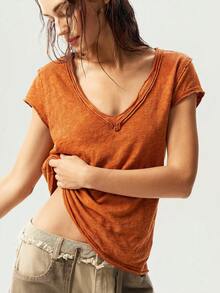 Bohemela Damen T-Shirt für Sommer und Ostern, einfarbig gestrickt, V-Ausschnitt, Kurzarm, figurbetont, gewaschen - Orange - Übersicht 3