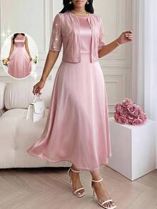 SHEIN Lady 女士优雅派对亮片网纱上衣和连衣裙两件套 - 粉色 - 查看 2
