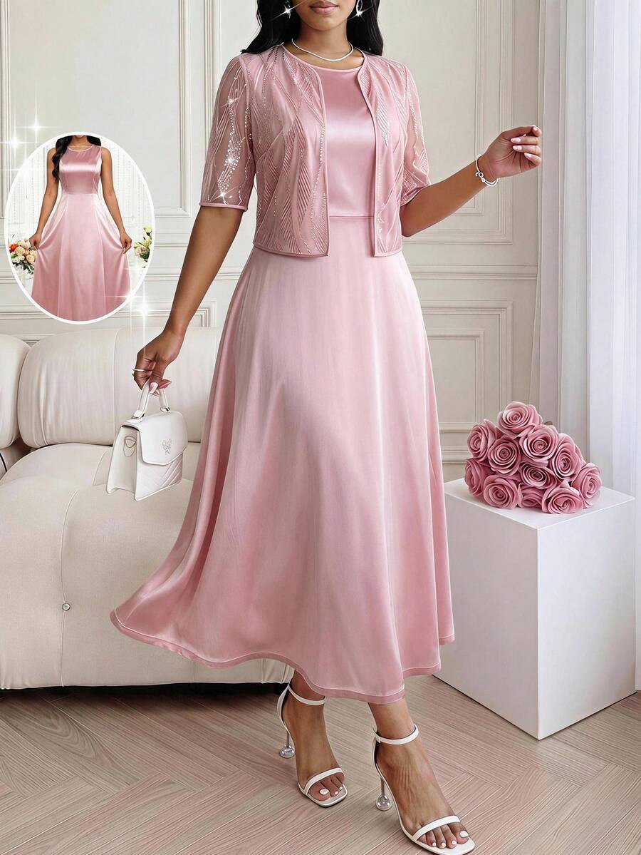 SHEIN Lady 女士优雅派对亮片网纱上衣和连衣裙两件套