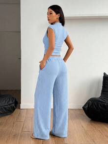 SHEIN PETITE 2件組女款夏季純色立領百褶上衣與長褲套裝，休閒運動服女裝夏季服飾休閒套裝棕色兩件套女款長褲套裝女款休閒兩件套舒適兩件套棕色長褲套裝女款棕色兩件套穿搭長褲兩件套，小碼女款 - 淺藍色 - 查看 2