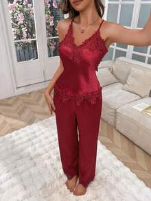 SHEIN 蕾絲飾邊女款性感仿絲露背交叉肩帶睡衣套裝 - 紅色 - 查看 4