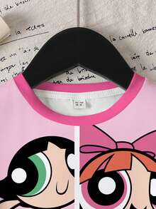 THE POWERPUFF GIRLS X SHEIN Young Girl Casual Cartoon Pattern Trim Round Neck Short Sleeve T-Shirt, Summer - White - View 4