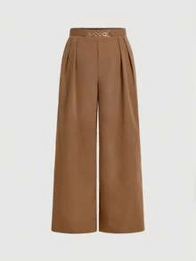 SHEIN MOD Plus Size Brown Elegant Casual Commuter Wide Leg Suit Pants Metal Chain Decor Long Urban Modern Office Formal Workwear Young Lady Summer - Rust Brown - View 3