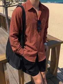 DAZY 男士長袖純色棕色寬鬆版型襯衫 夏季 - 棕色 - 查看 3